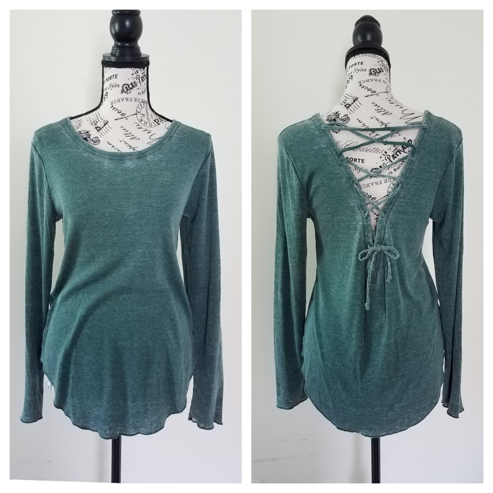 Chaser Vintage Rib Lace Back Top Long Sleeve Tee M